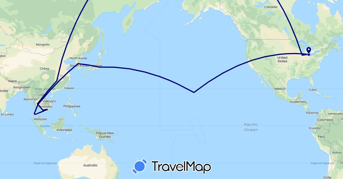 TravelMap itinerary: driving in China, Japan, South Korea, Thailand, United States, Vietnam (Asia, North America)